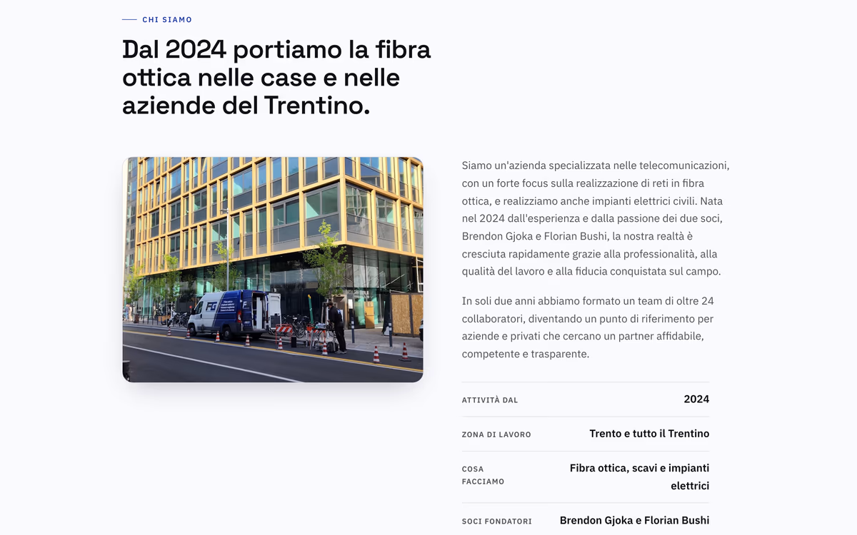 Sito F&G Telecomunicazioni — chi siamo: la fibra ottica nelle case e nelle aziende del Trentino, dal 2024