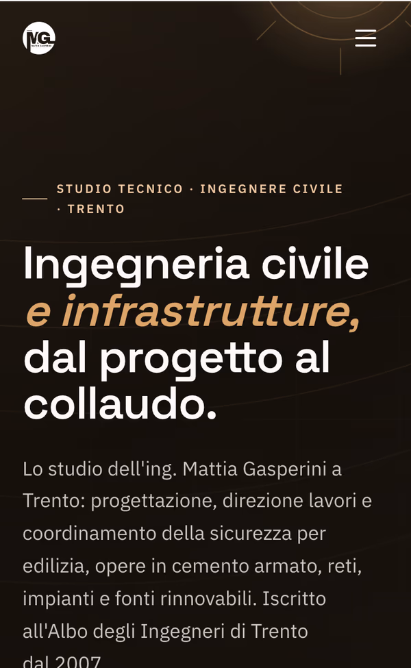 Sito Ing. Mattia Gasperini — la hero vista dal telefono