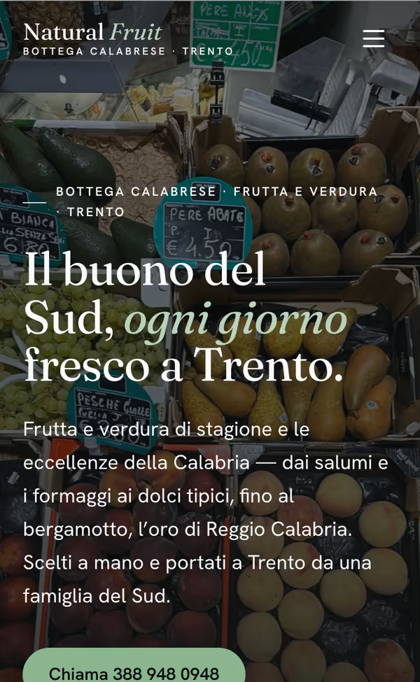 Sito Natural Fruit — la hero vista dal telefono