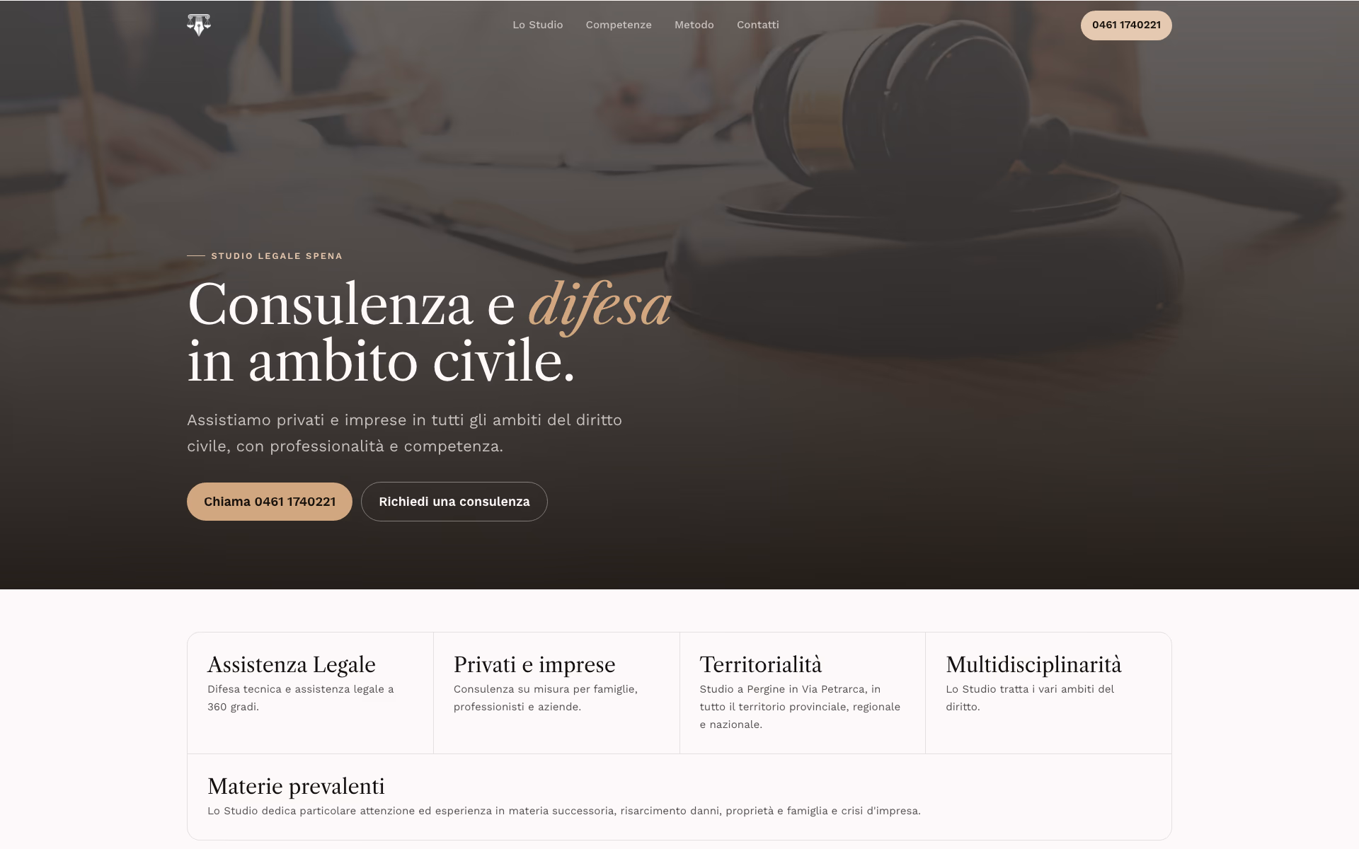 Sito Studio Legale Spena — la hero, dal vivo