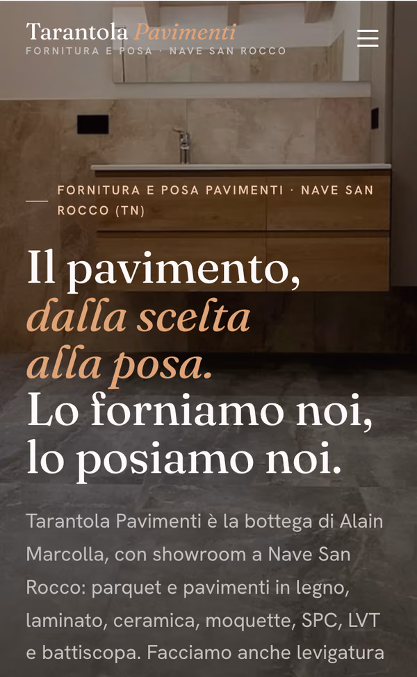 Sito Tarantola Pavimenti — la hero vista dal telefono