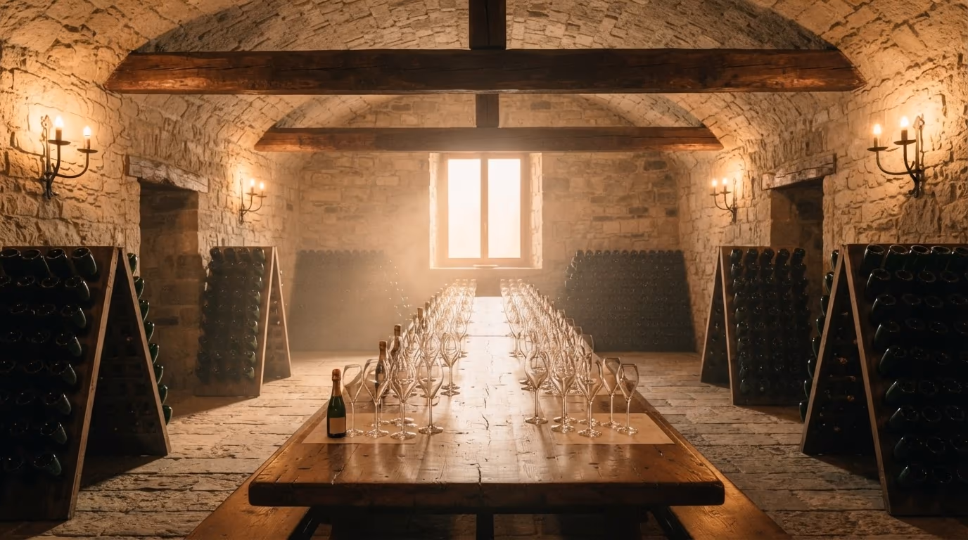 La sala degustazione, ampia, con le rastrelliere di bottiglie e una luce calda color miele