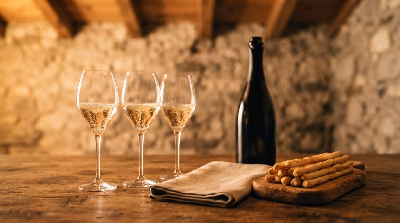 Dettaglio del tavolo di degustazione: calici appena versati