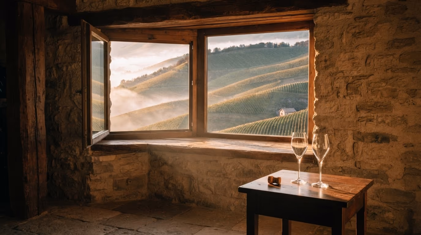 L’angolo della sala con la finestra sulle dorsali della collina