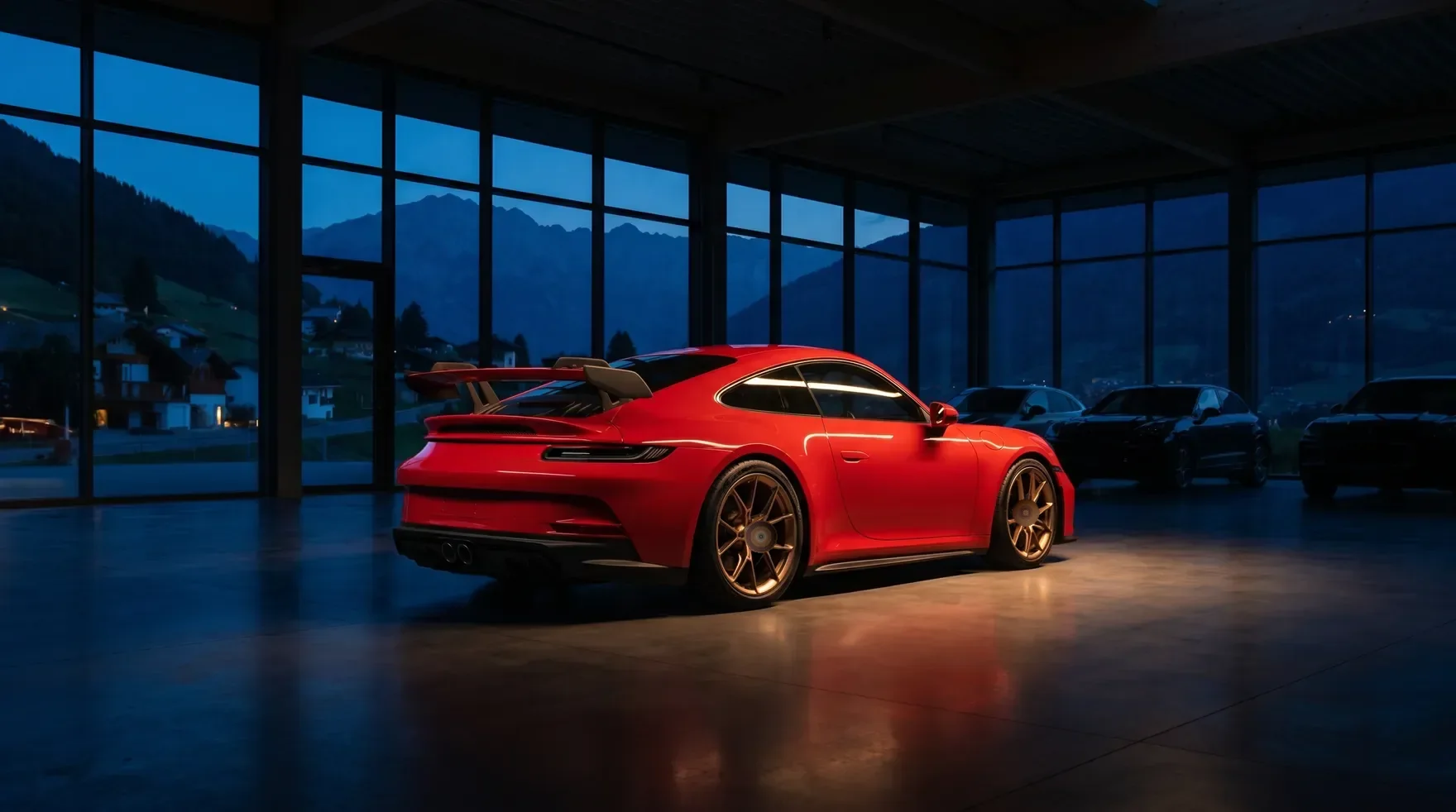 Aldera Arven GT Rosso Segnale, tre quarti posteriore nel salone al crepuscolo