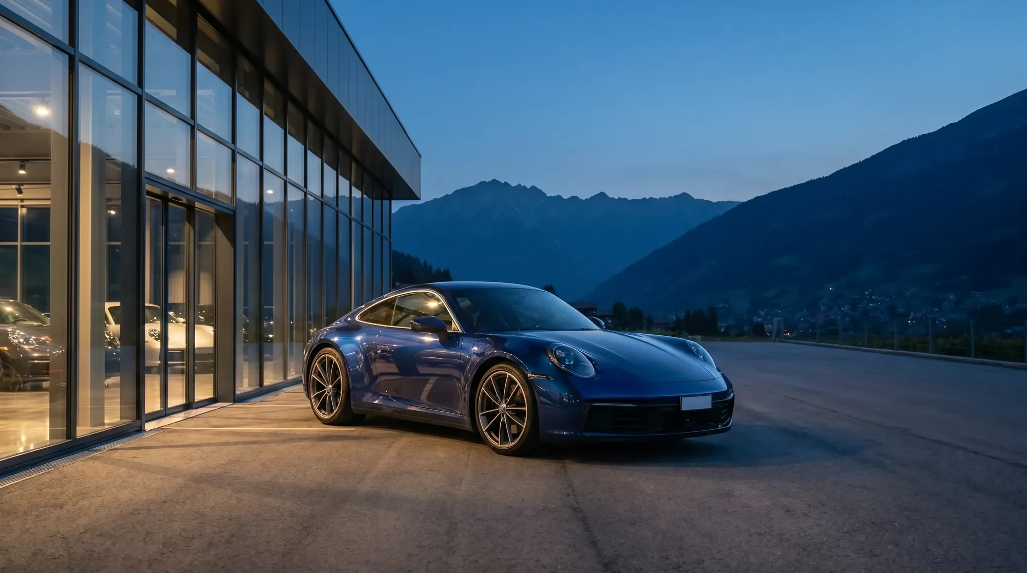 Aldera Arven S, Blu Nivale Metallizzato — nel piazzale del salone, luce d’alba