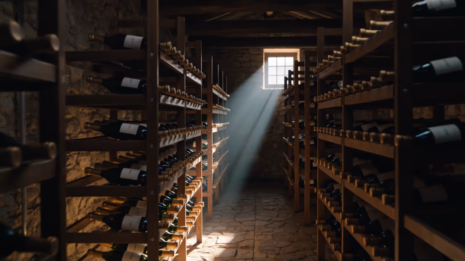 Fotogramma della demo Ca’ Sorlisa: la cantina di bottiglie, col raggio di luce che entra dalla finestrella