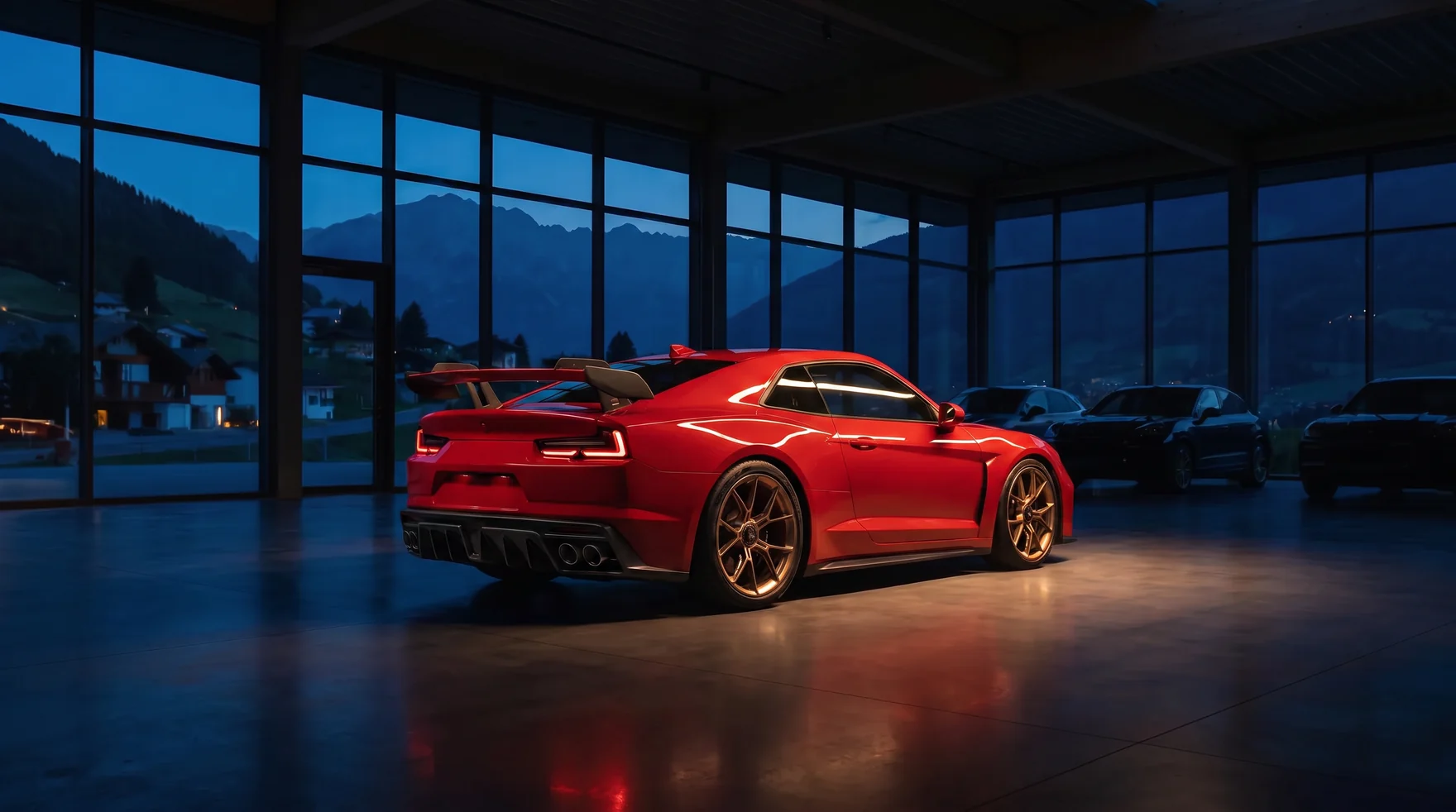 Auto sportiva in salone al tramonto, con le montagne oltre le vetrate — still del concept Concessionario Dolomia