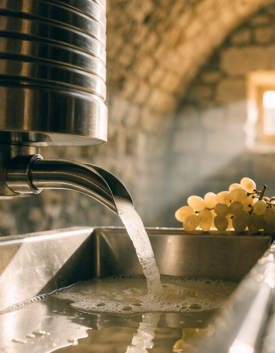 Pressa d’acciaio da cui scende il mosto fiore, pallido e limpido, con grappoli bianchi accanto in cantina — contenuto dimostrativo della demo