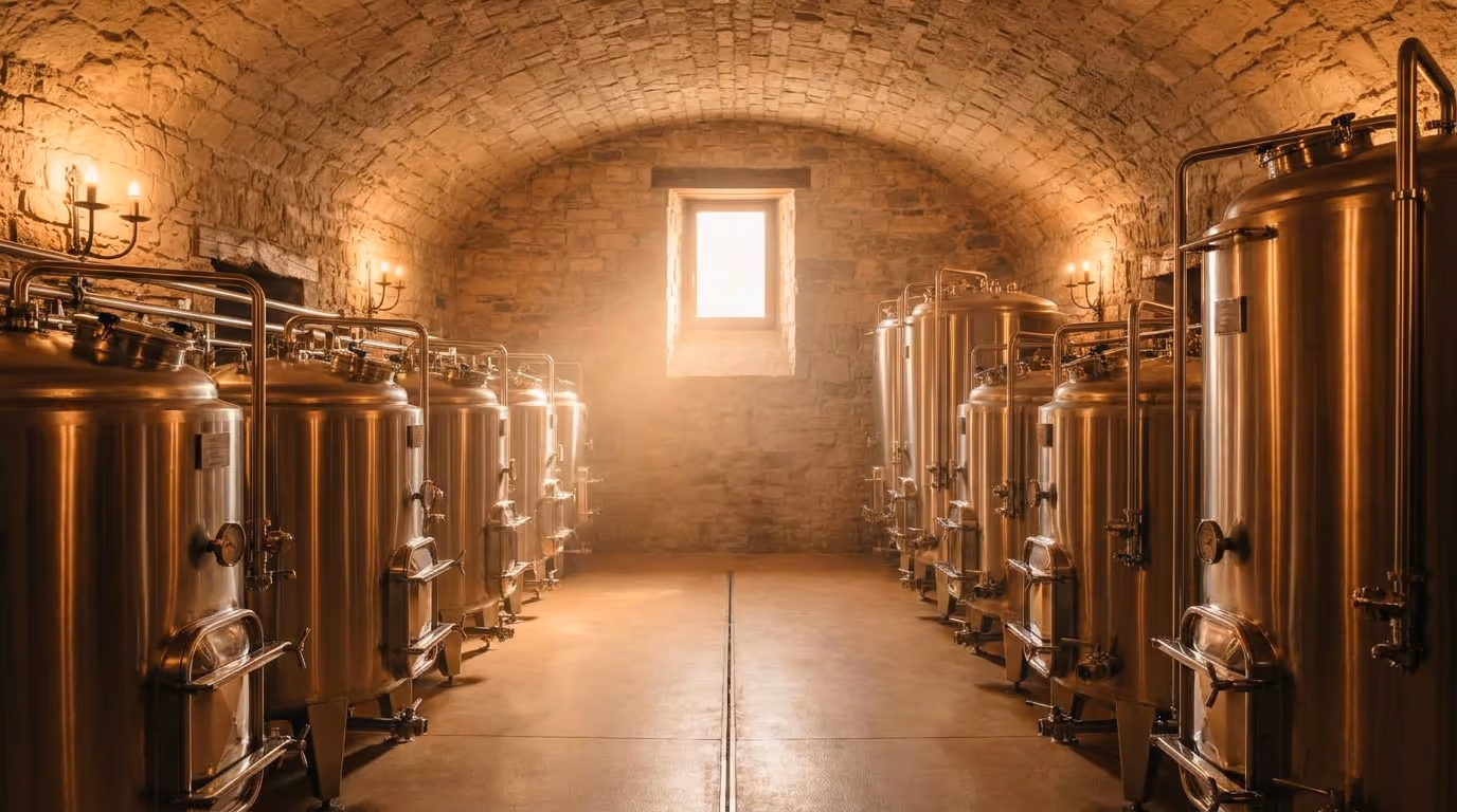 Cantina con autoclavi d’acciaio sotto una volta in pietra e un raggio di luce dalla finestra — contenuto dimostrativo della demo