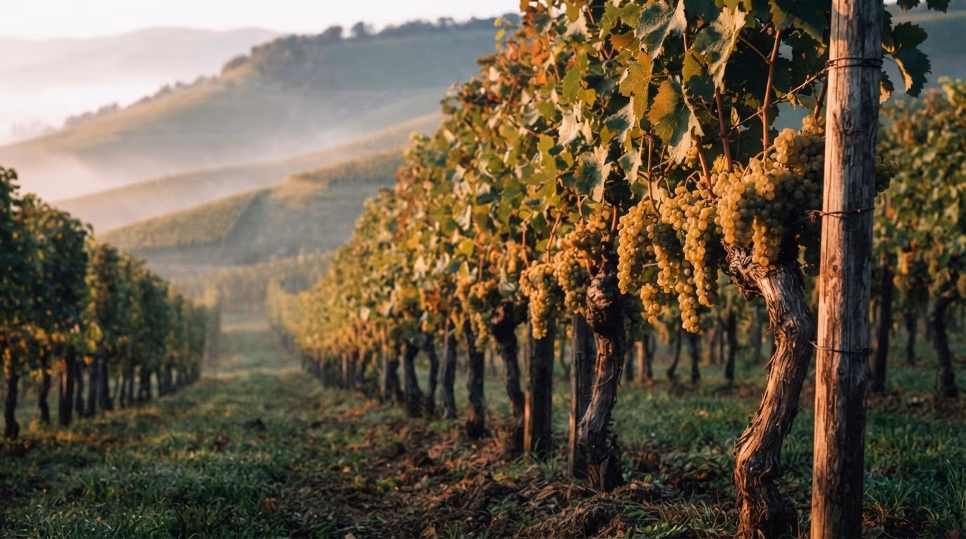 Filari carichi di grappoli bianchi al mattino, con la nebbia sulle colline — contenuto dimostrativo della demo